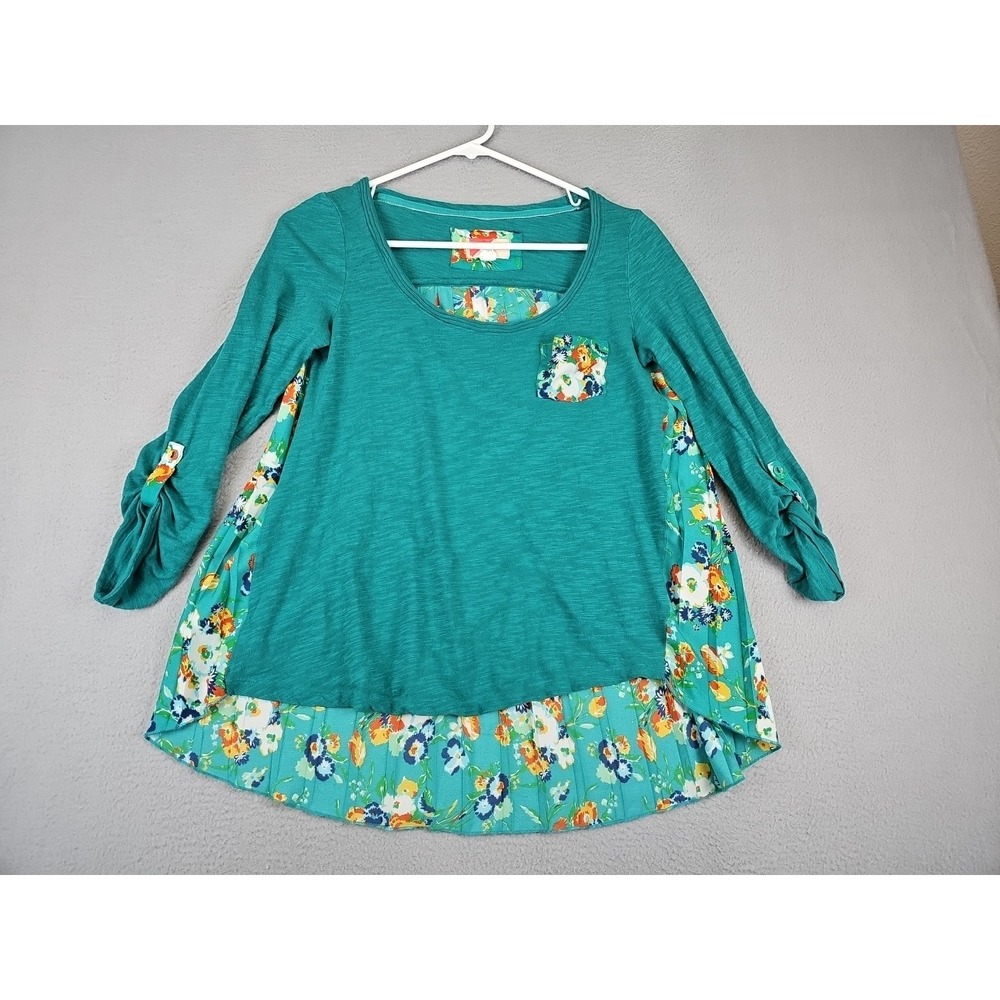ANTHROPOLOGIE Tunic Top Womens Small Teal Floral Long Sleeve Rollup Boho Peasant